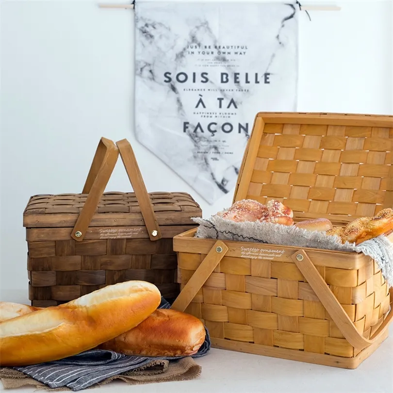 CuteLife Household Woven Wood Picnic Basket Natural Clothing Toy Storage Basket Garden Flower Fruit Bread Bag Basket Decoration T200602