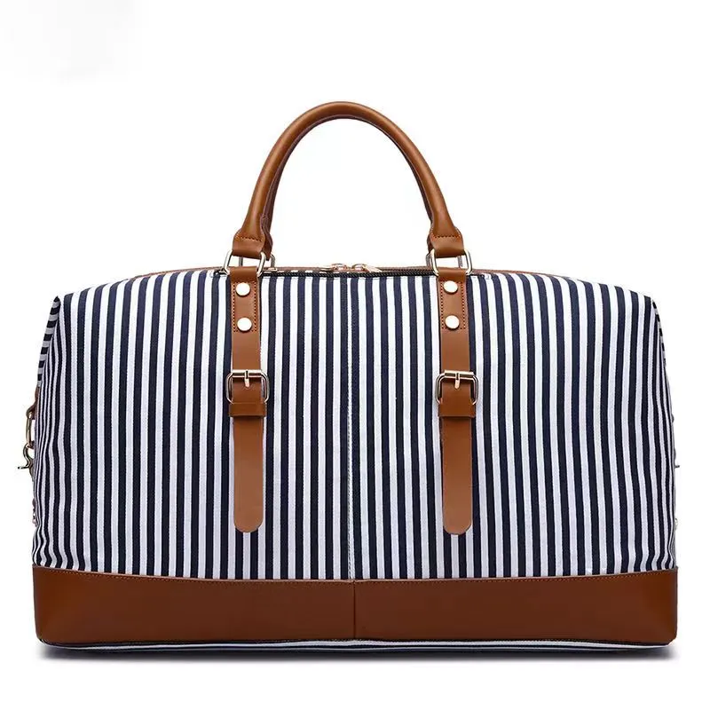 Canvas Stor kapacitet Mode Duffelbag Enkla resväskor Lyxigt designerbagage för kvinnor Bär på Weekender Overnight-väska Blue Strips