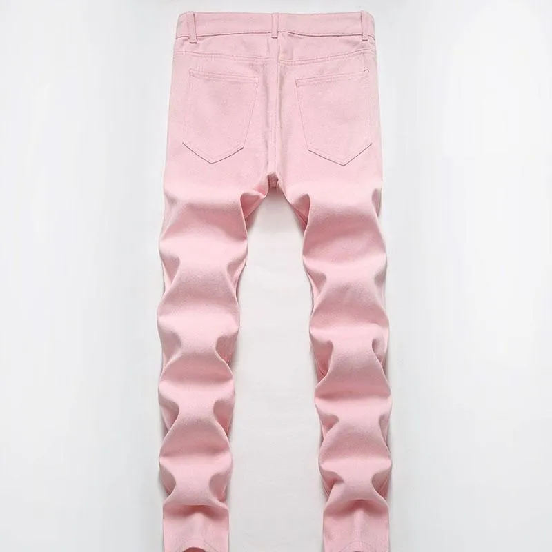 Jeans masculinos high street rasgado remendo rosa primavera verão casual bigodes calças jeans retas para malemen's199r