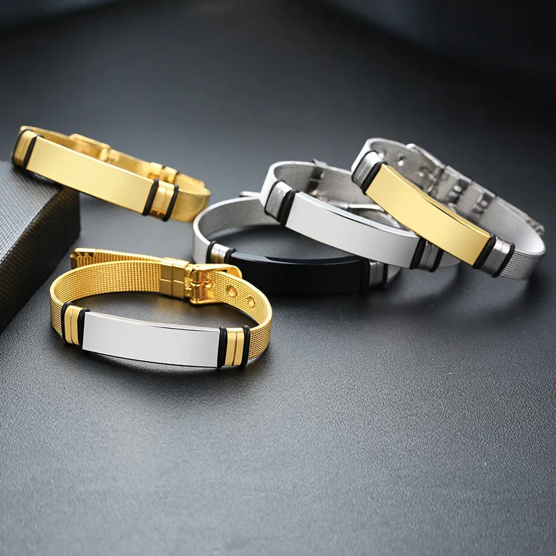12mm Black ID Bracelets for Men Engravable Adjustable Stainless Steel Boy Mesh Watch Band Love Gift for Son