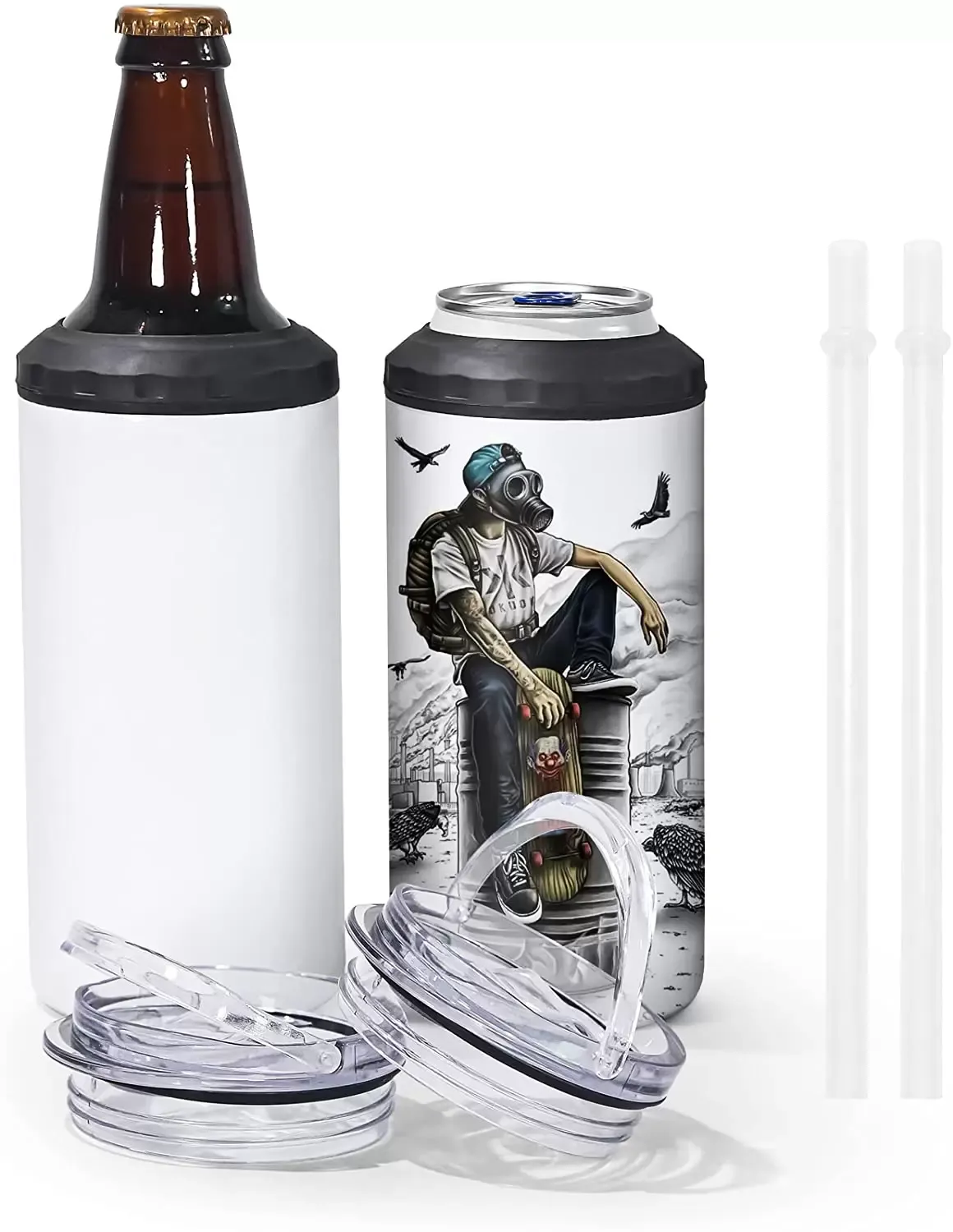 16 OZ Sublimation Can Cooler Tumblers Blanks 4-in-1 Can Insulator Adapter with Leack-Proof Lid & Plastic Straw, Stainless Steel Cooler 0422