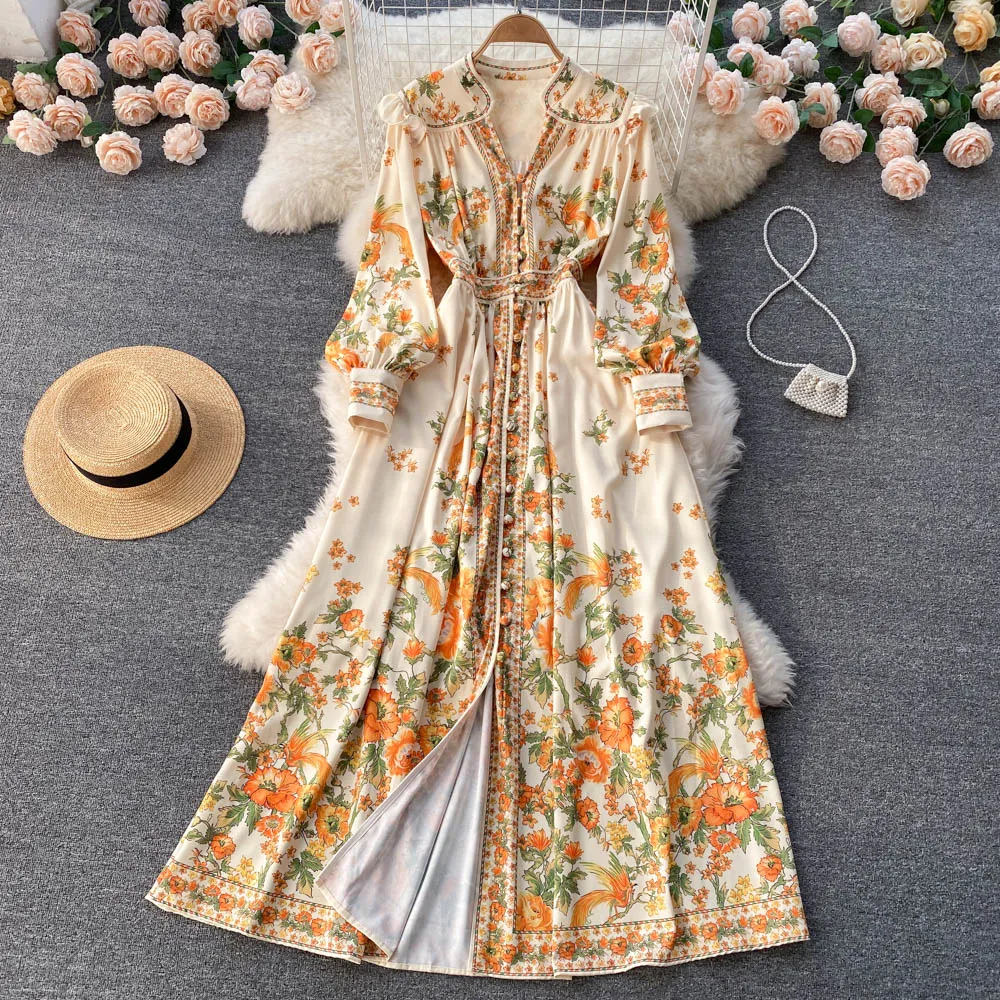 Neue mode frauen königlichen stil kleid einreiher v-ausschnitt laterne langarm druck blumen hohe taille maxi lange vestidos