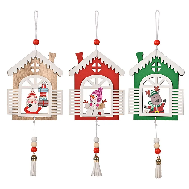 Décor de salle de noël, pendentif de maison en bois, pendentif de décoration d'arbre de noël