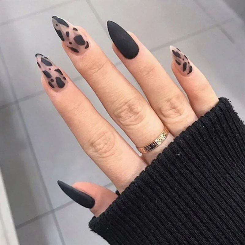 False unhas 24pcs estampa de leopardo estiletto prensa na cor preta foste bailarina longa bailarina vestível capa completa coffin acrílico tipfalse