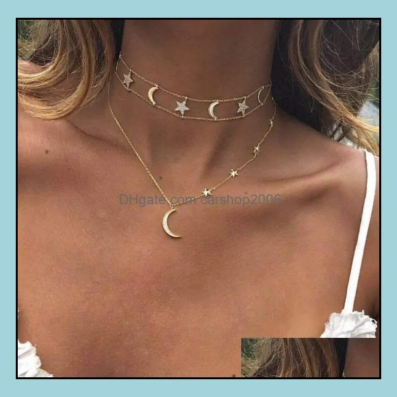 Multilayer Boho Star Moon Pendant Choker Necklace Women Jewelry Female Gold Color Clavicle Chain Collar Girls Summer Beach Gift