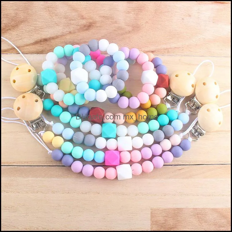 ins silicone teething beads baby pacifier chain clip 2pcs/set kids feeding infant cartoon wristband clips newborn pacifiers holders