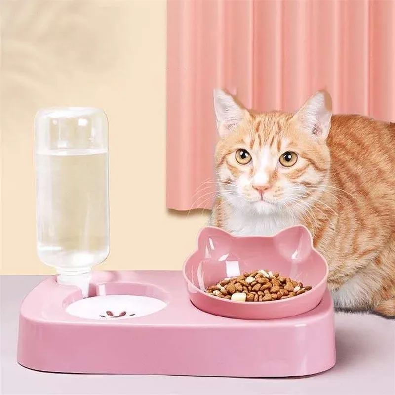 Cat Dog Bowl Water Dispenser Automatic Water Storage Pet Dog Cat Food Bowl With Wither Pet Waterer Feeder 2in1 210320