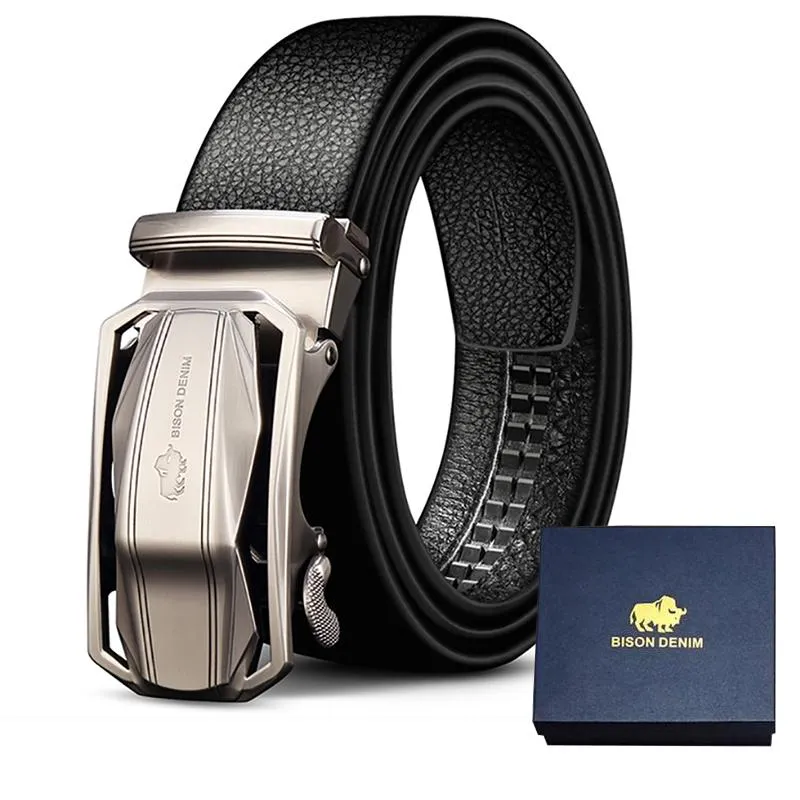 Ceintures Bison Denim ceinture pour hommes peau de vache en cuir véritable mâle boucle automatique accessoires d'affaires décontractés et boîte-cadeau