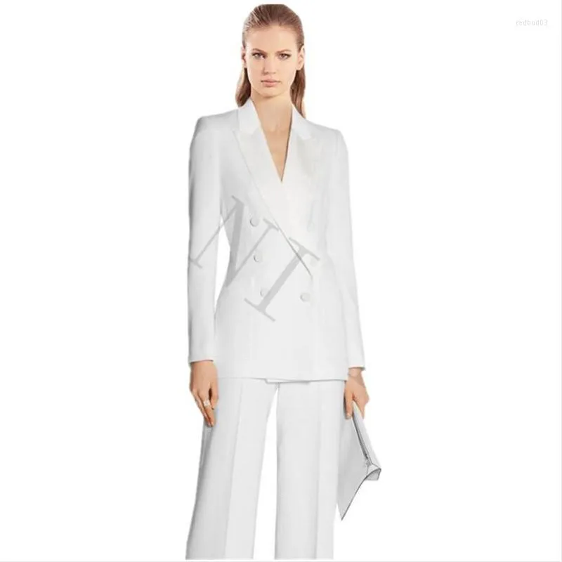 Kvinnors tvåbitar byxor Jacka Kvinnor Business Suits White Double Breasted Female Office Uniform Evening Formal Ladies Byxa Dräkt 2 Suitswo