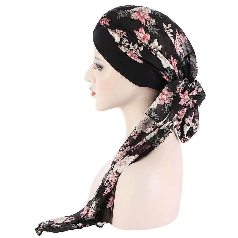 Scarves Muslim Hijab Turban Hat Headscarf Pre-Tied Long Tail Chemo Cap Stretch BandanaScarves