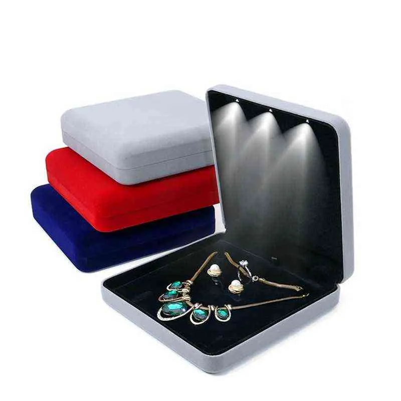 Velvet LED Light Jewelry Set Box Collana Orecchini Anello Gioielli Gift Display Custodia con Custom H220505