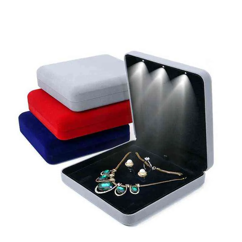 Velvet LED Light Jewelry Set Box Necklace Earrings Ring Jewellery Gift Display Storage Case with Custom H220505