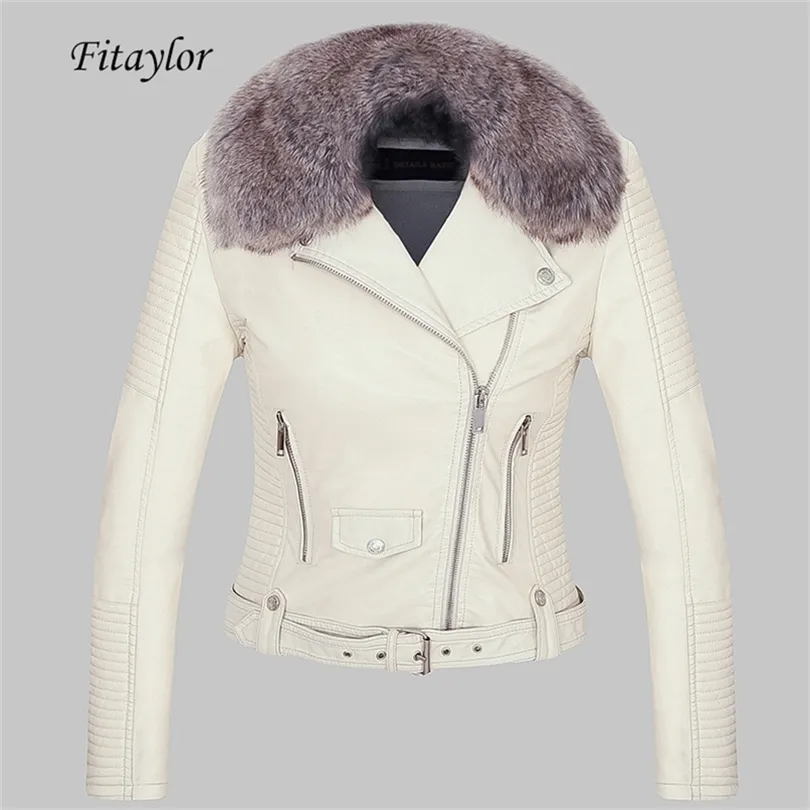 Fitaylor Women Winter Warm Faux Leather Jacket with Fur Collar女性ピンクPUオートバイジャケットバイカーパンクブラックアウター210923