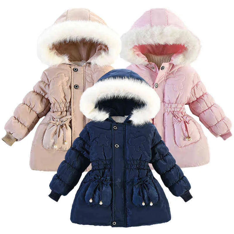 Uzun stil kız bebek kış ceketler için kız kürk yaka kaput kalın sıcak ceket çocuklar dış giyim ceketleri çocuk giyim j220718