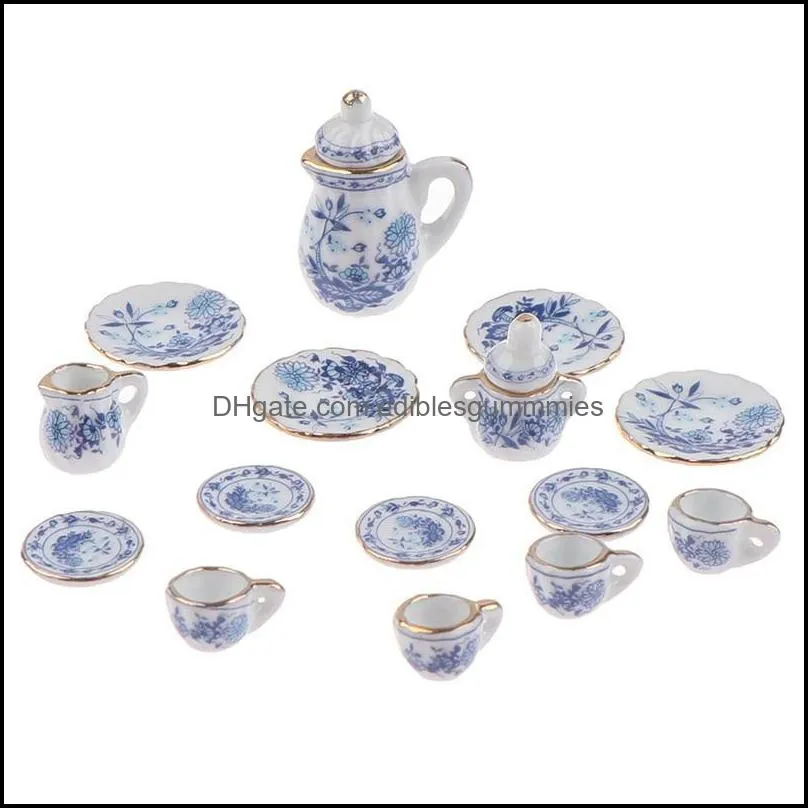 Decorative Objects & Figurines 15Pcs 1:12 Dollhouse Miniature Tableware Porcelain Ceramic Tea Cup Set Doll House Accessories