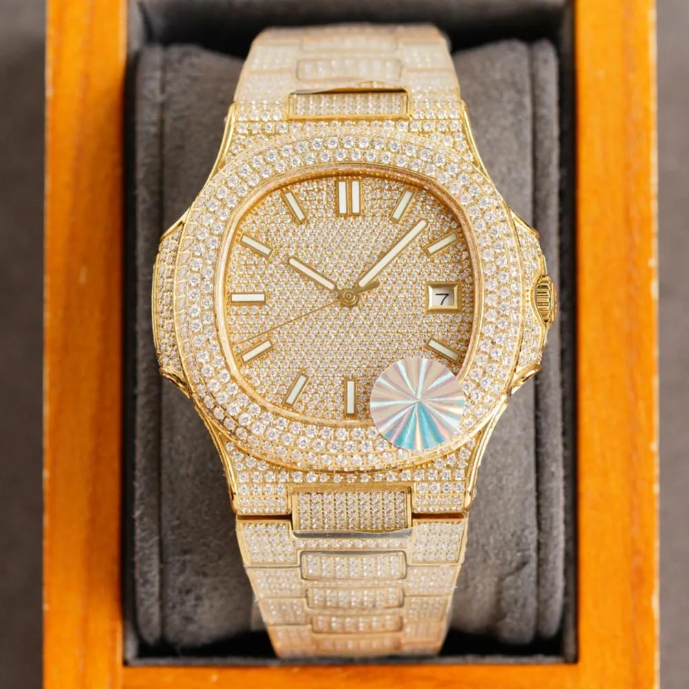 Luxury Mens Automatic Mechanical Watch With Full Diamond Chain Men