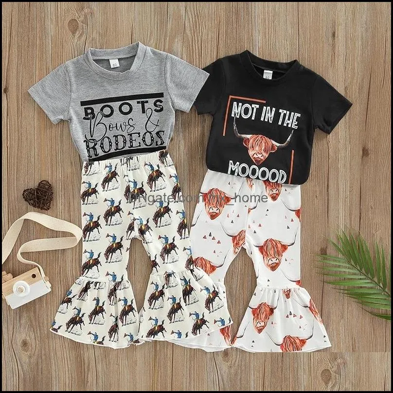 Clothing Sets Baby Kids Baby Maternity Girls Cattle Outfits Children Letter Tops Cow Print Flare Dh6Zb