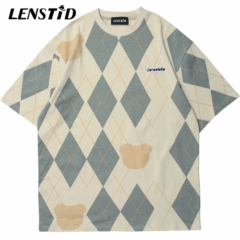 Lenstid Summer Men Sleeve Short Tshirts Hip Hop Temproidery Letter Bear Argyle Tshirt streetwear harajuku casual top tees 220610