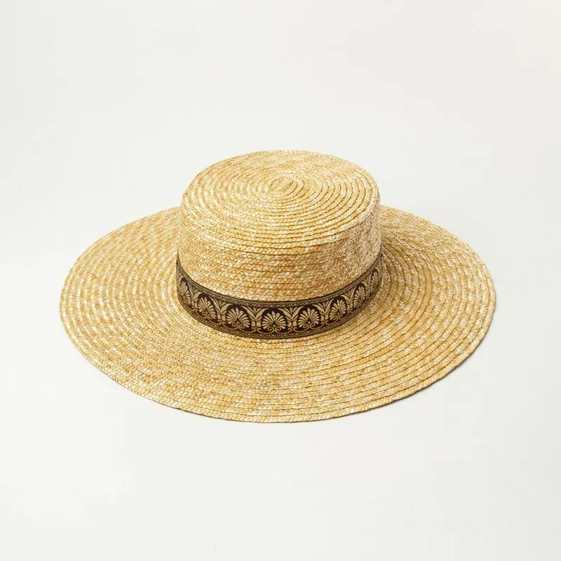 Chapeaux à bord large blé paille de paille chapeau adulte broderie rétro sangle décorative plate top tourisme ombrage capswide de plage