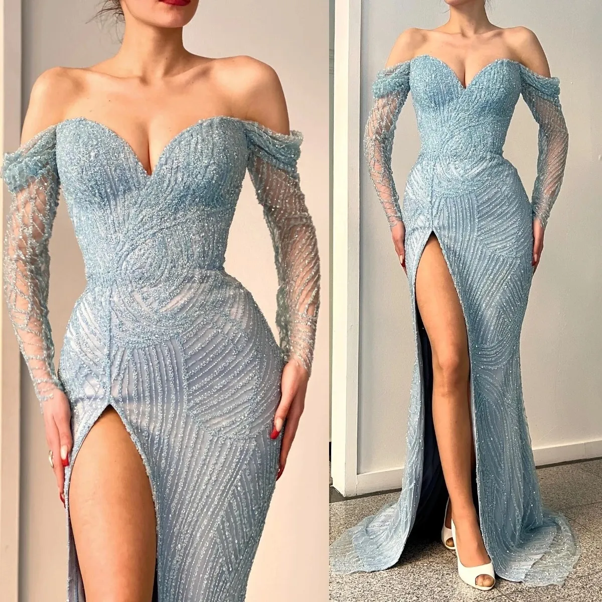 Sky Blue Off the Shoulder Prom Dresses Long Sleeves Evening Dress Custom Made High Split Beads Sequins Floor Length Party Gown