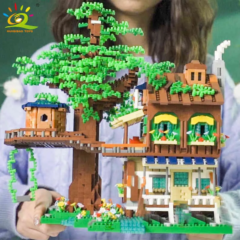 huiqibao elves 그린 트리 하우스 미니 빌딩 블록 모형 마이크로 벽돌 아이를위한 Moc Micro Bricks 장난감 친구 Boy Diy City Street View 모델 G220524