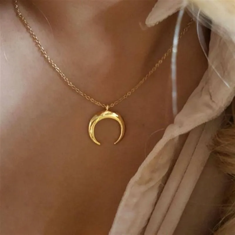 Pendant Necklaces Stainless Steel Moon Necklace Lune Gold Half Womens Horn Chain Collares Birthday GiftPendant