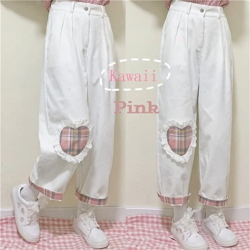 Japansk harajuku vild söt mjuk syster casual corduroy kawaii raka byxor tonårsflickor kärlek hjärta patch lösa studenter 220325