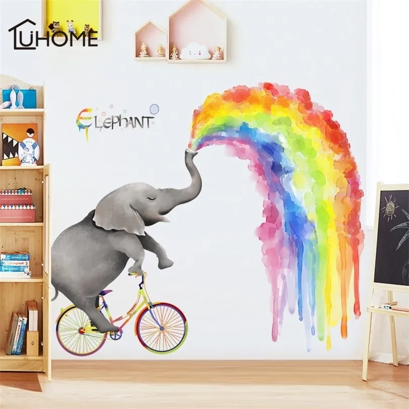 Kreativ Tecknad Elefant Regnbågemålning Väggdekaler för barnrum Barnrum Sovrumsdekoration Stor tapet T200601