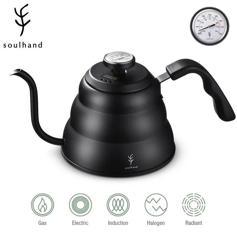 SOULHAND bouilloire à café 1.2L 1L en acier inoxydable verser sur Pot goutte à goutte avec thermomètre pour cafétéria de bureau à domicile 220509