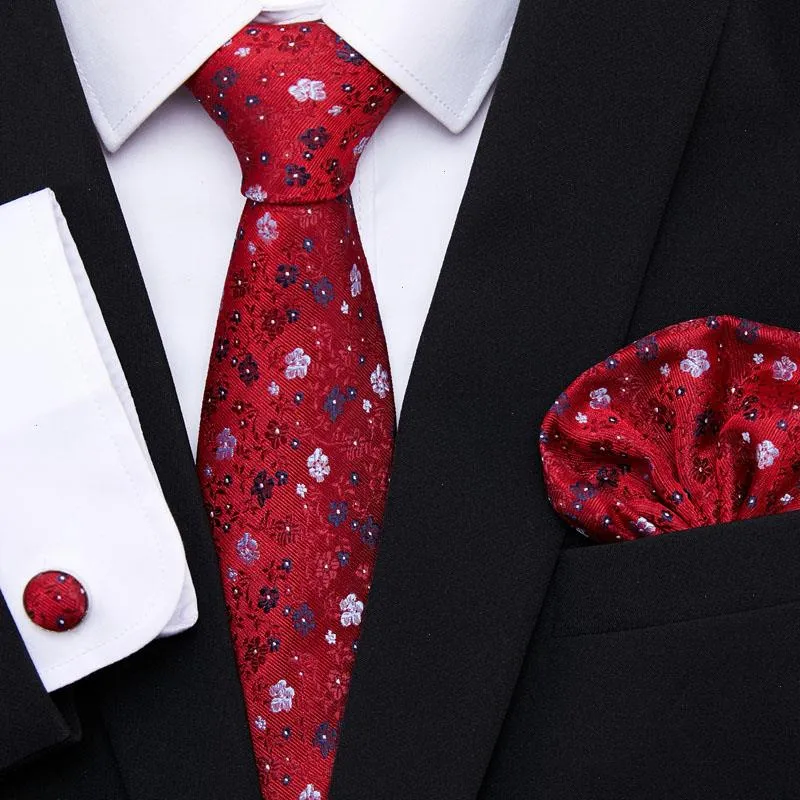 Rote Krawatte aus gewebter Seide für Herren, Krawatte, Einstecktuch, Manschettenknöpfe, Set für Herren, Party, Corbatas, Büro, Gravatas, passend für Hochzeit, Urlaub
