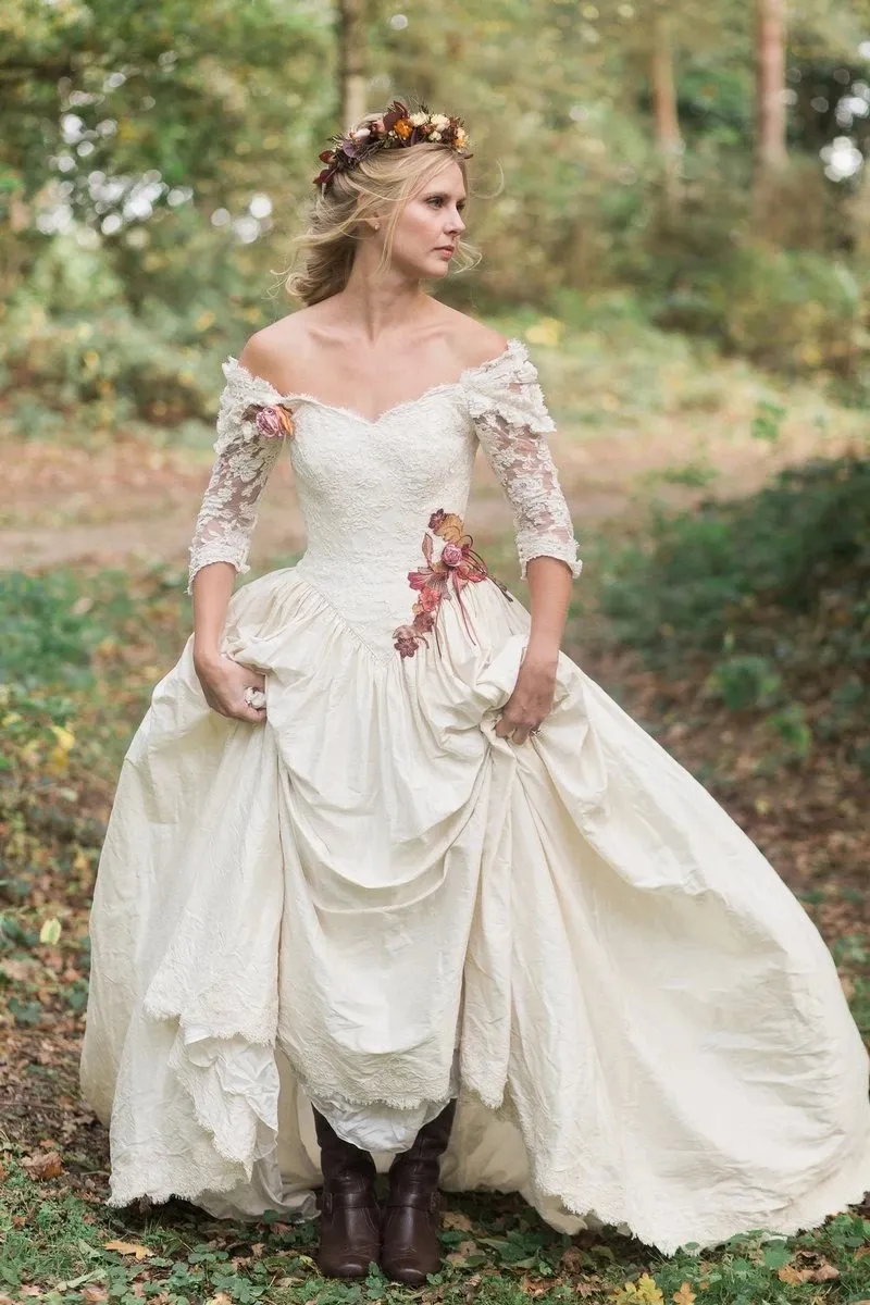 Vestido de noiva da floresta fora do ombro de manga de outono vestidos de noiva de outono roupão de mariee