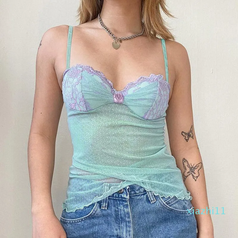 Frauen 2022 Mode Süße Sexy Spitze Patchwork Durchsichtig Leibchen Frauen Ärmellose V-ausschnitt Schlank Tank Sommer Casual Crop Top