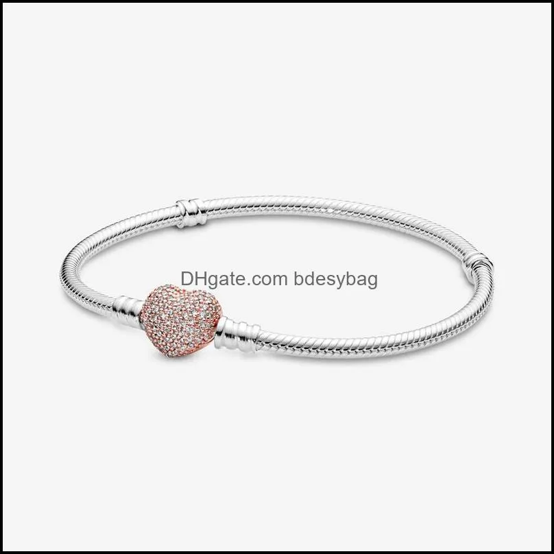 Fashion 925 Sterling Silver Charm Bracelet Rose Golden Flower Barrel Clasp Snake Chain Bracelet Women Jewelry Gift