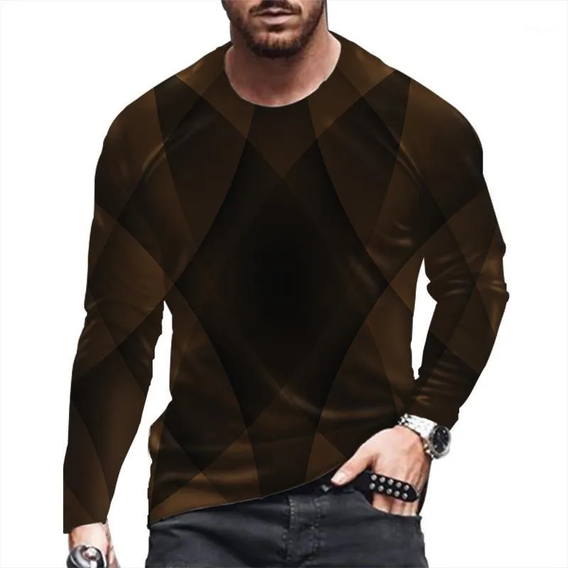 Erkek T-Shirt 2022 Güz / Kış Uzun Kollu T-shirt Moda O-Boyun 3D Geometrik Grafik Baskı Gençlik Stil Rahat Ince Üst Erkekler Büyük Boy