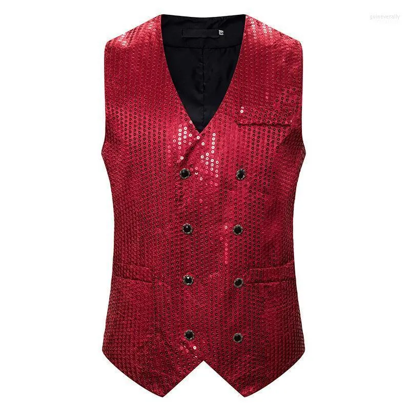Mäns dubbla bröstvästar varumärke Slim Fit Red paljett glitter väst Waistcoat Men Party Stage Prom Show Costume Gilet Homme XXL Guin22