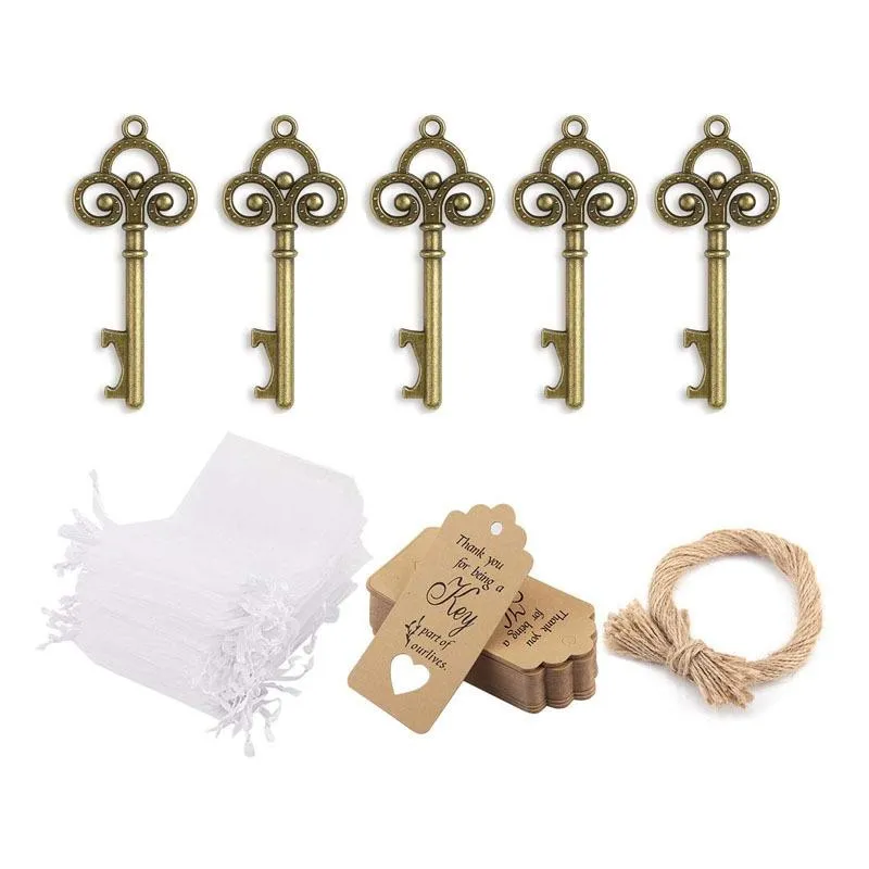 Porte-clés 50 Pcs Rustique Vintage Squelette Clé Ouvre-Bouteille Avec Étiquette Cartes Sheer Sac Pour Les Invités De Mariage Faveurs Souvenir Cadeaux