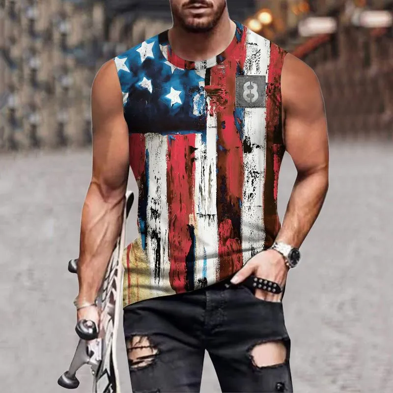 Herr t-shirts herr street sports fitness hög och stor wicking muskel amerikansk flagga tvärtryck ärmlös t-shirt lågklippt skjortor