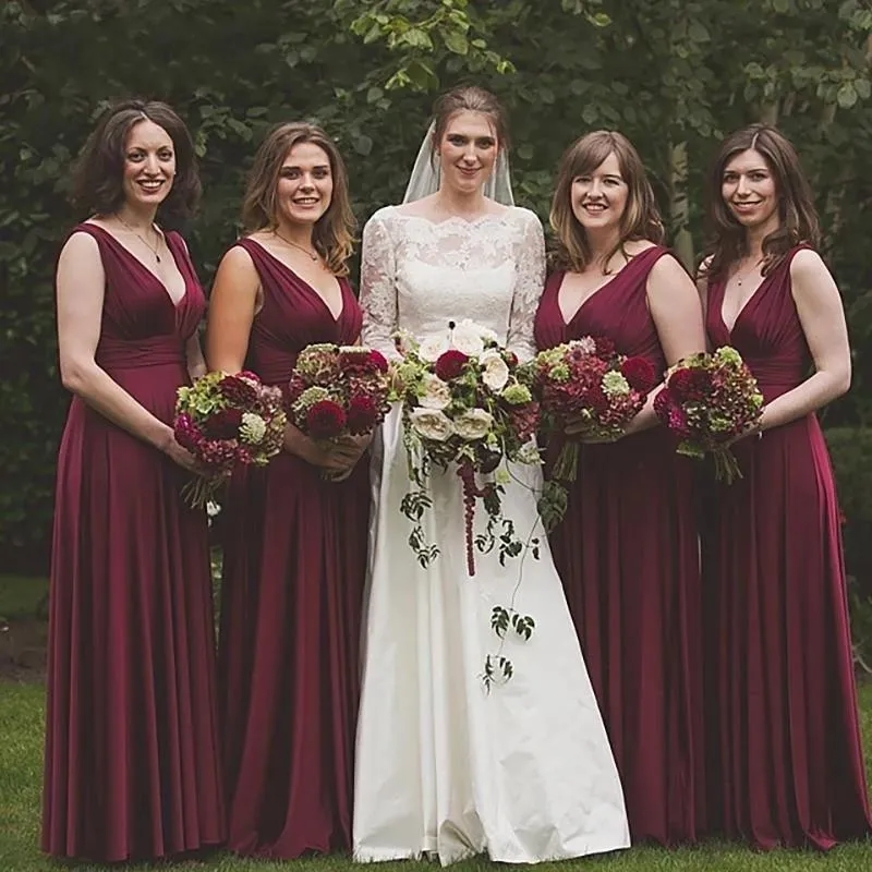 Sexy Summer Simple Burgundy Chiffon A Line Bridesmaid Dresses Long Deep V Neck Pleats Maid Of Honor Gowns Plus Size Floor Length Girls Wedding Gust