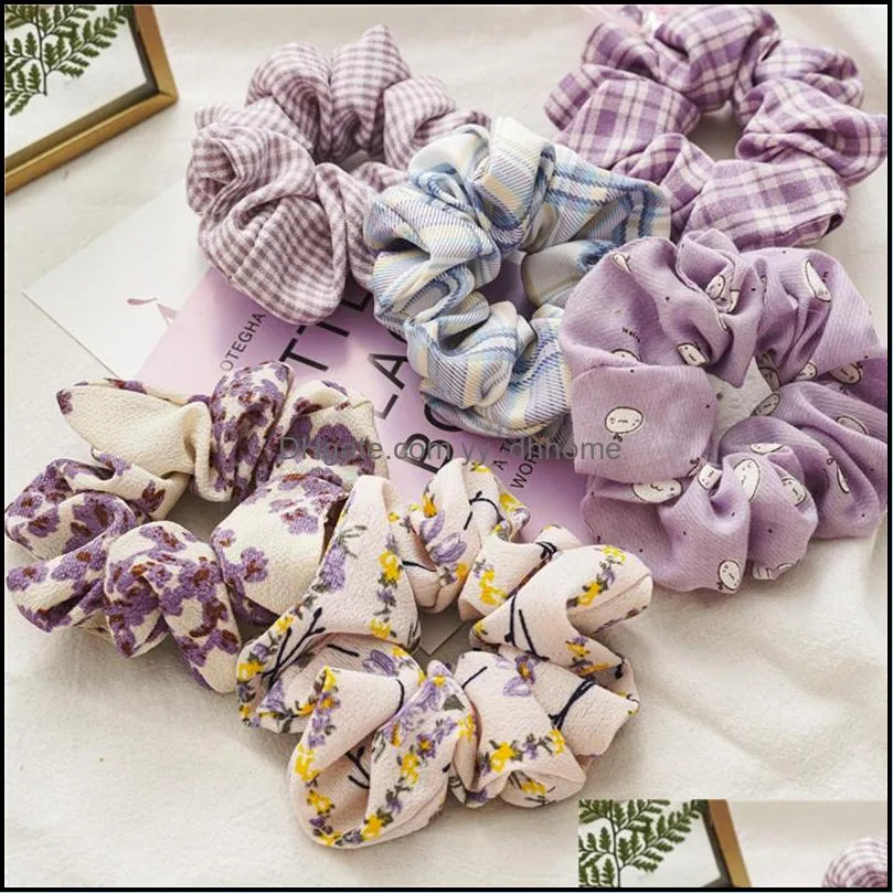 Purple Scrunchie Stretch Headband Floral Plaid Scrunchies Women Elastic Hair Bands Korea Hair Ties Girls Hair Accessories