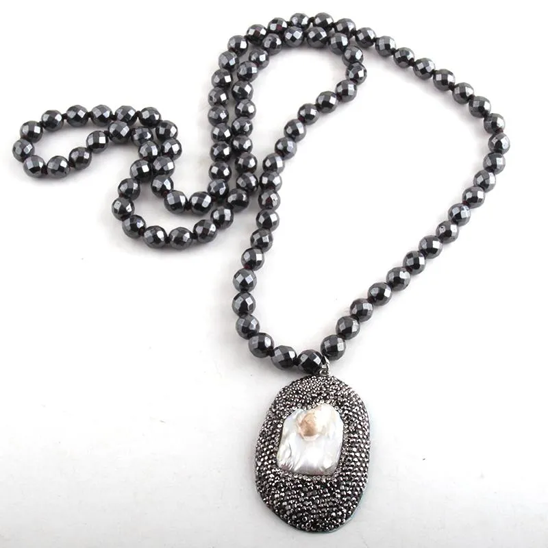 Pendentif colliers à facettes 8mm hématite pierre longue nouée à la main cristal pavé coquille goutte femmes ethnique collier pendentif
