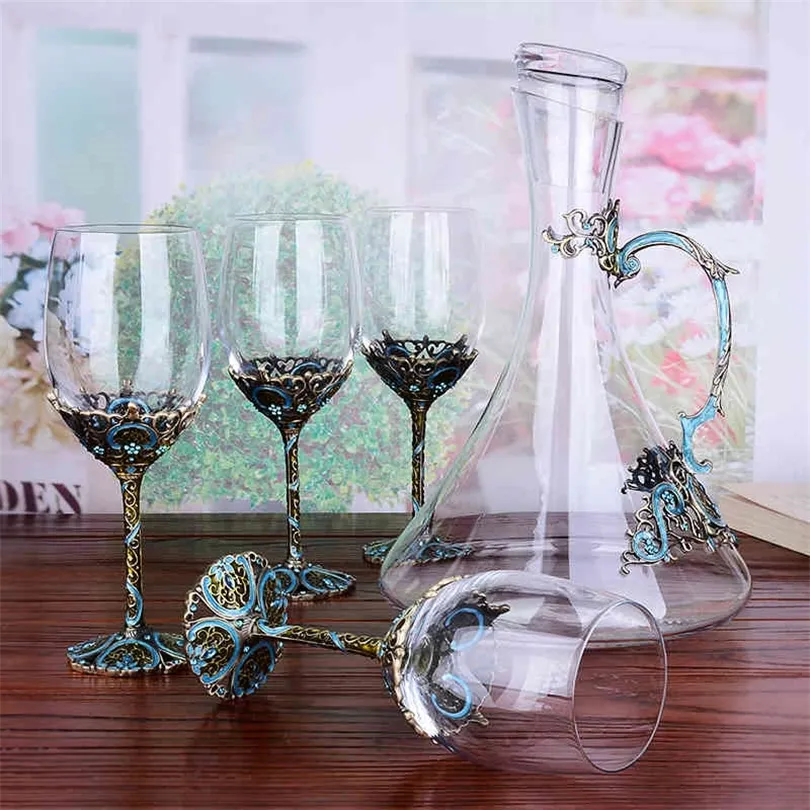 Europese vintage geëmailleerde wijnglasset kristalglazen rode wijnglazen champagne bril Goblet Decanter Wedding Geschenkdoos 210326