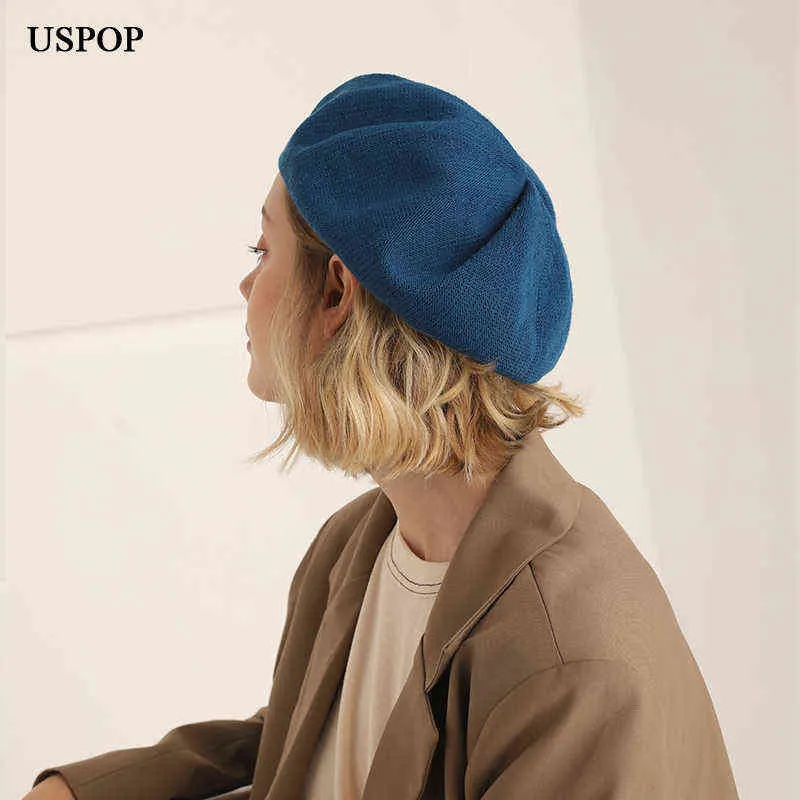 Uspop 2019 nouvelle mode été bérets Vintage couleur unie mince tricoté béret femmes coton chapeau femme respirant printemps chapeaux J220722