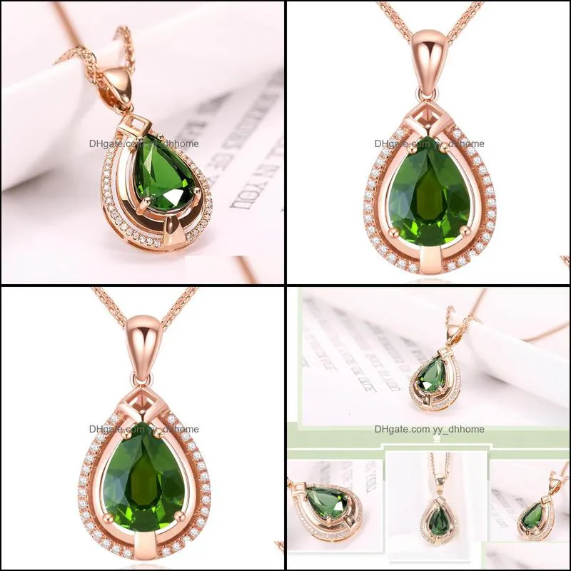 green crystal water drop stone pendant necklace for women rose gold pear cz zircon necklaces wedding choker necklace yydhhome