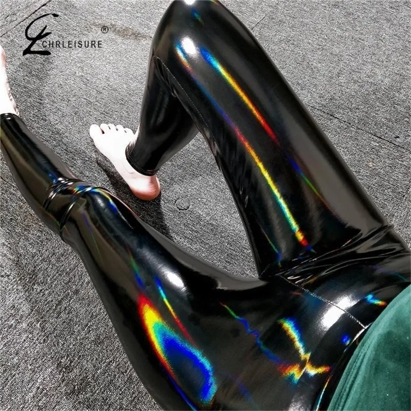 High Waist Black PU Leather Faux Patent Leather Leggings For Women