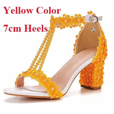 Amazon.com: Women's High Heel Sandals 7cm Chunky Heels Beaded Pumps Bridal  Shoes Women's Flower Sandals,Yellow,43 : Everything Else
