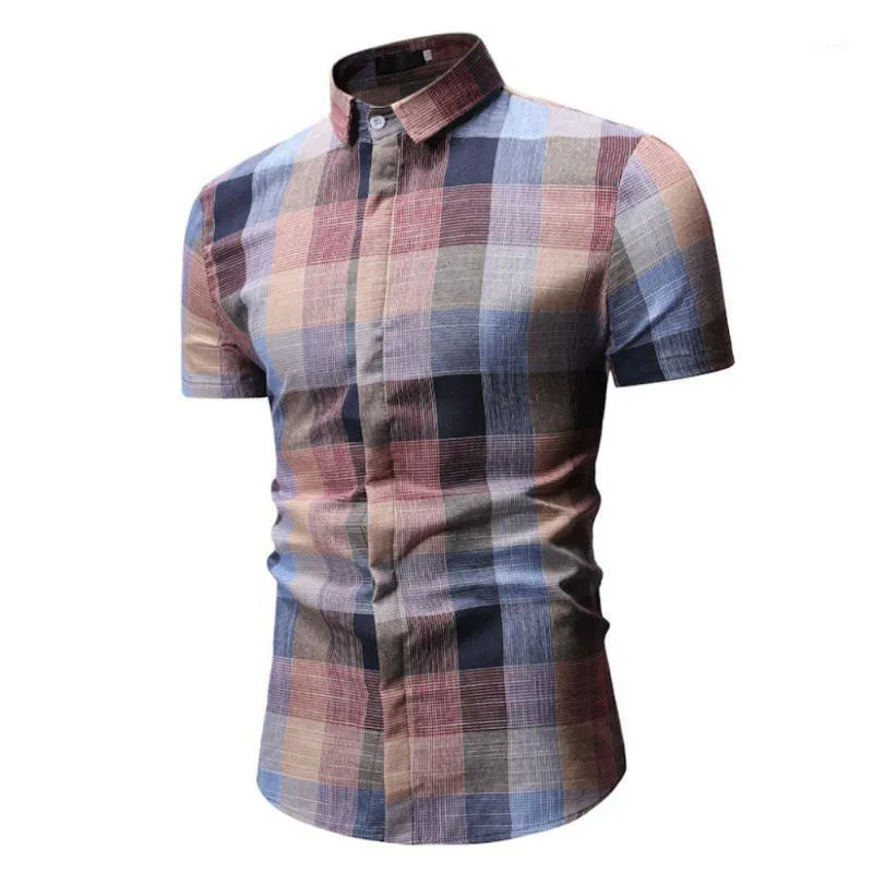 남성용 격자 무늬 캐주얼 버튼 아래로 짧은 소매 셔츠 탑 블라우스 남성 캐미사 Masculina Mens 드레스 셔츠 7.13