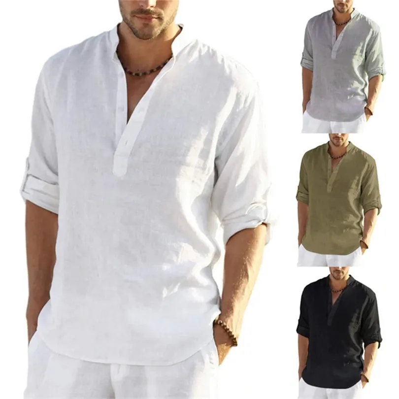 Camiseta casual de linho de algodão masculina coloração sólida cor de gola alta de coloração curta fitness masculina roupas de rua finas 220615
