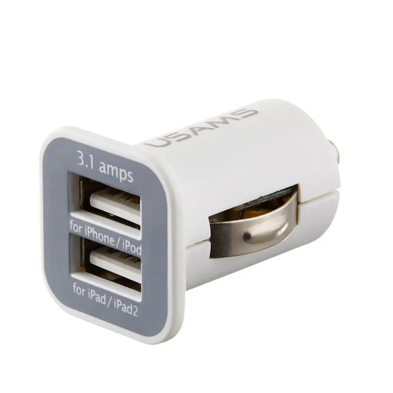 Hot 100PCS USAMS 3.1a Dual USB-bil 2 Portladdare 5V 3100mAh Double Plug Car Chargers Adapter för HTC Samsung S3 S4 S5