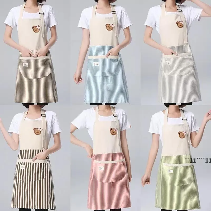 Randigt förkläde för kök justerbara bomullslinnor Förkläden för kvinnokock Förklädet Bakning Tillbehör kommersiell restaurang