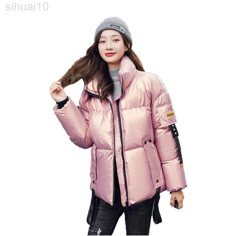冬の光沢のあるジャケットの女性新しい白いピンクグレー濃い暖かいスリムパーカーコートファッションオールマッチショートダウンコットンコートl220730